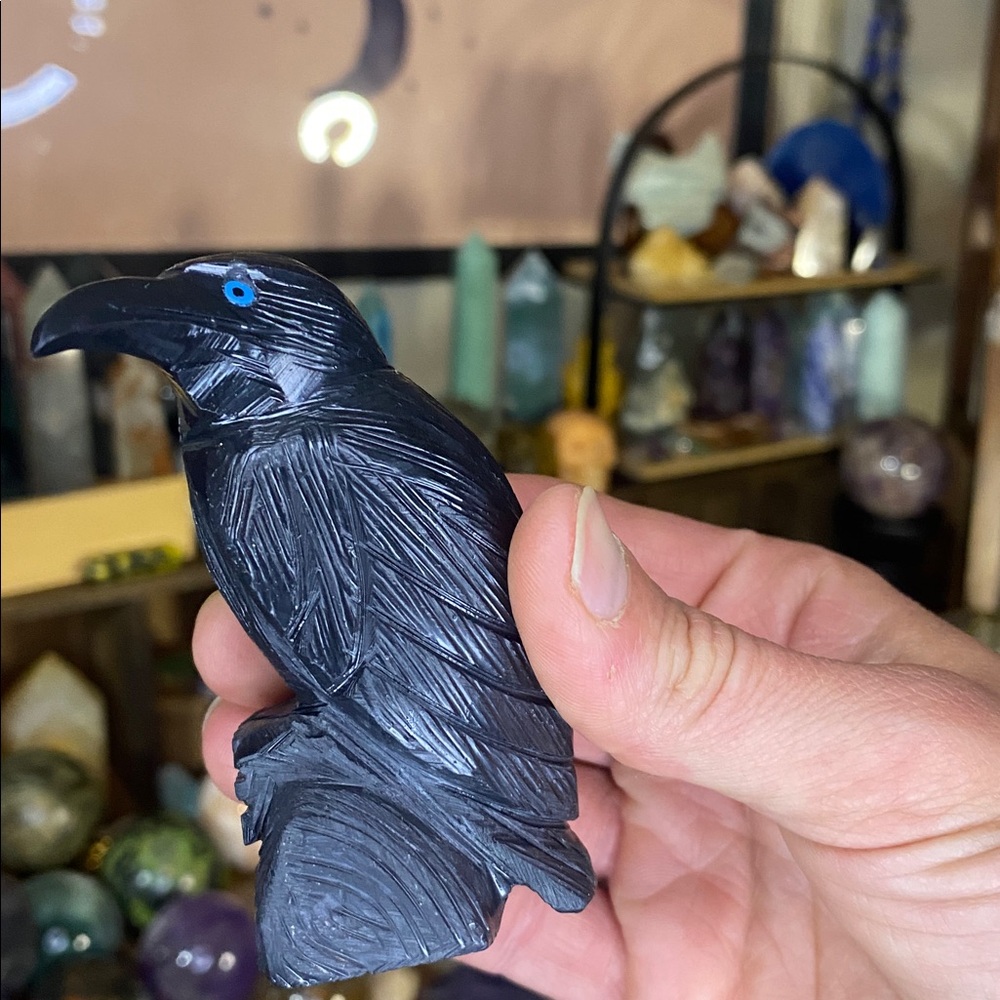 Hand-Carved Black Obsidian Raven w/ Inlaid Eye - Protective Crystal Carving